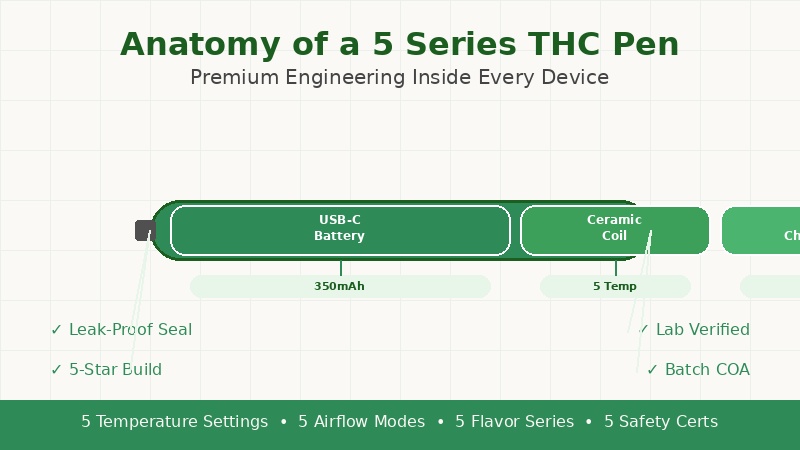 Anatomy of a 5 series thc pen showing battery, ceramic coil, and oil chamber