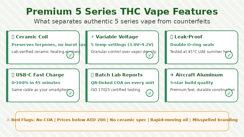 Premium 5 series thc vape features including ceramic coil, USB-C charging, and lab report QR code