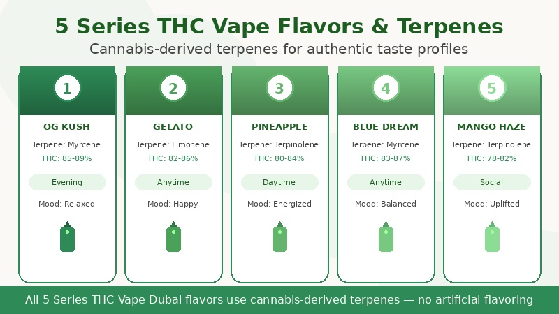 Five 5 series thc vape flavors: OG Kush, Gelato, Pineapple Express, Blue Dream, Mango Haze